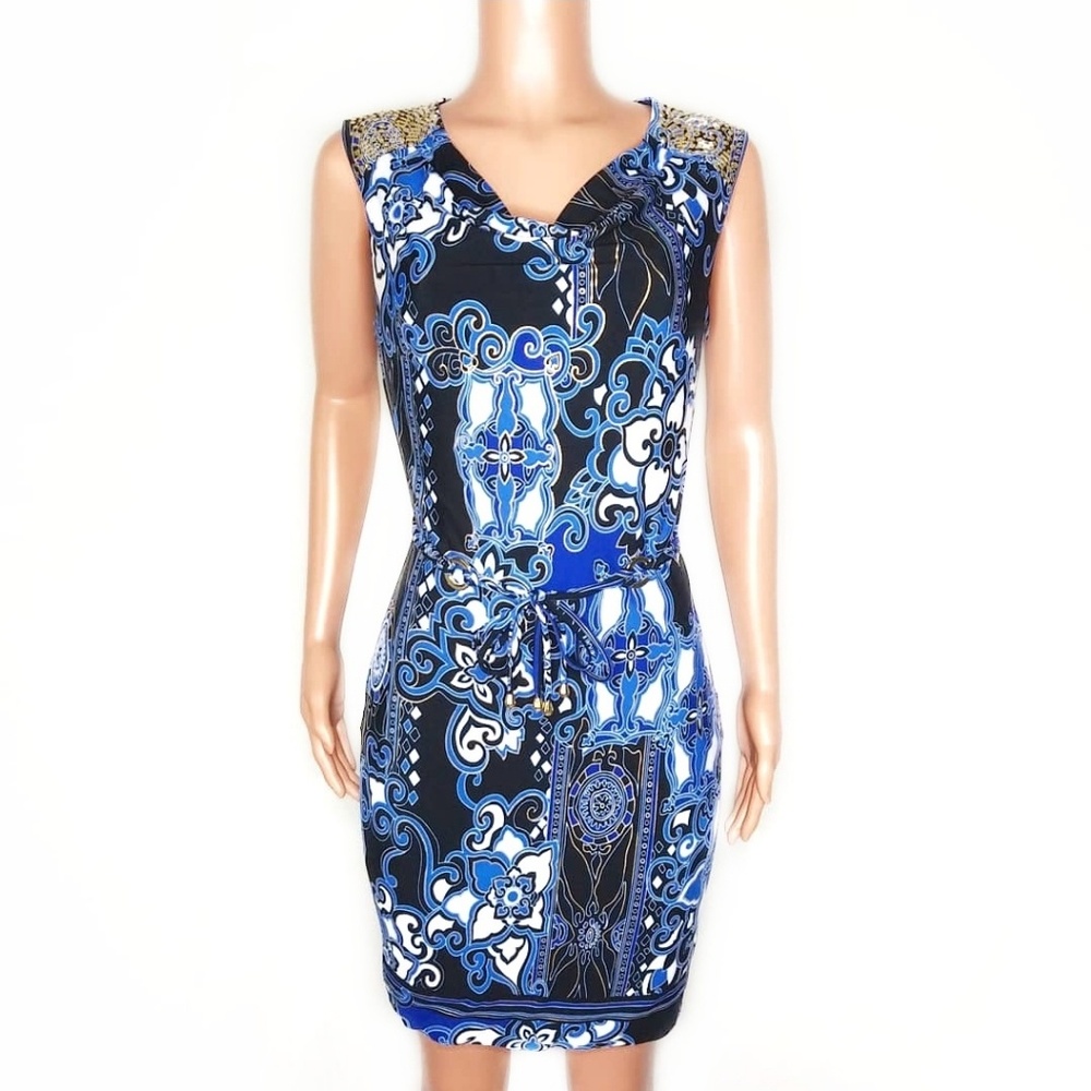 Cache Metallic Studded Draped Neck Tight Dress